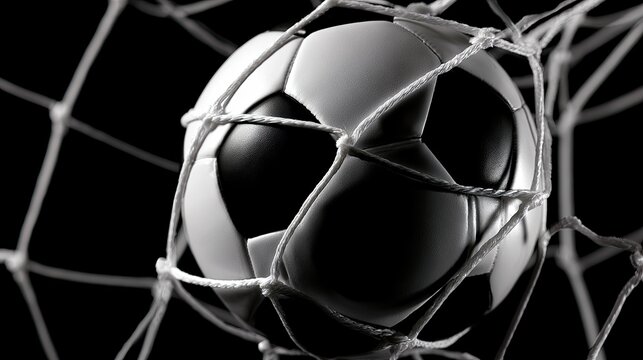 Classic soccer ball in net, caught mid-air, a moment of victory