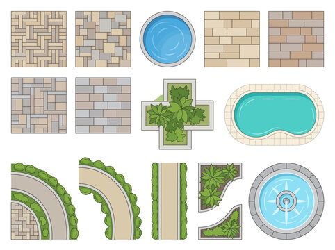 Landscape architecture plan elements featuring garden paving patterns swimming pools fountain and path walkways for outdoor backyard design layouts