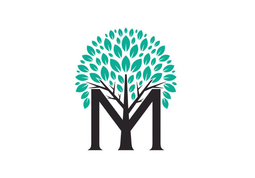 Stylized tree emblem with letter m and green leaves on white background