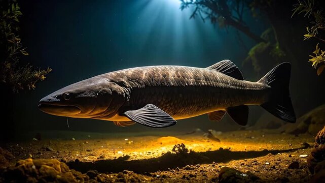 Ancient Fish Swimming Underwater with Sunbeams and Plants