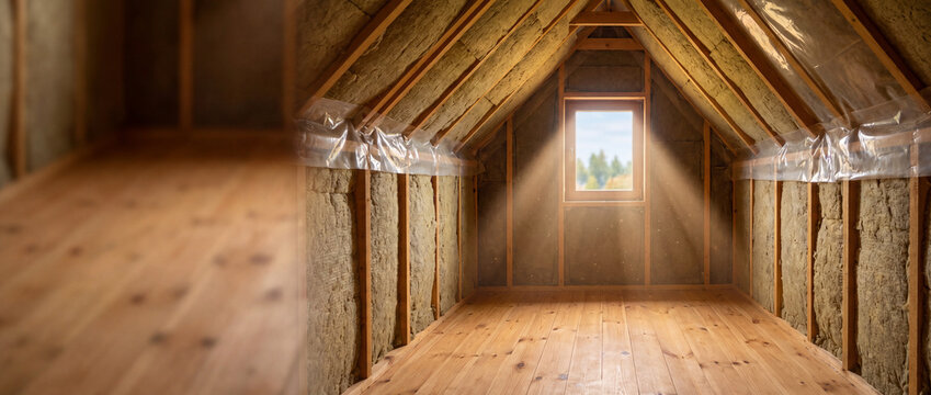 Insulation of a wooden attic with sunlight streaming through a window, showing mineral wool rolls between timber beams on a clean pine floor for home energy efficiency renovation