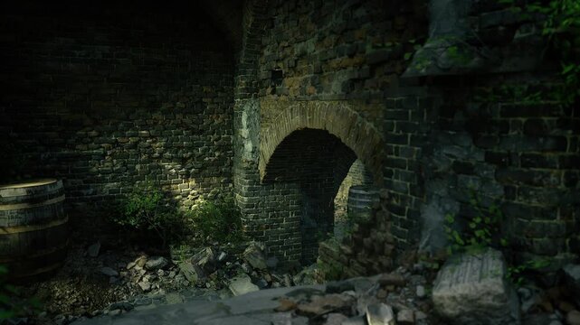 Shadowed grotto entrance framed by damp stone and ivy, scattered rocks and soft undergrowth, atmosphere of spelunker preparation and secret natural refuge