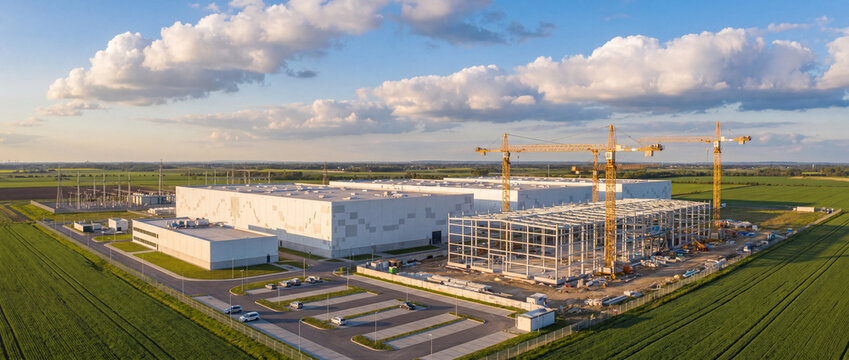 Aerial view of industrial data center construction site with yellow tower cranes, modern concrete buildings, and parking lots under a blue sky for infrastructure development concepts