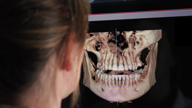 Dentist examining a 3D dental CT scan and jaw reconstruction on a computer monitor in a modern dental clinic. Digital diagnostics, implant planning. High quality 4k footage