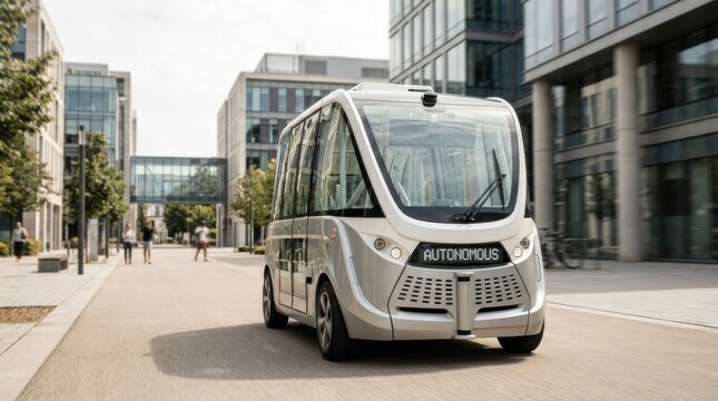 Autonomous shuttle transporting passengers across an urban campus in modern cityscape