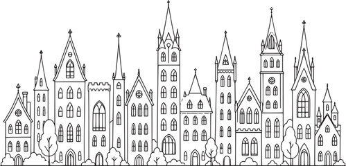 Naklejka premium City landscape. Line urban backdrop, different buildings on street, doodle street draw, outline cityscape hand sketch, flat houses. Hand drawn vector illustration