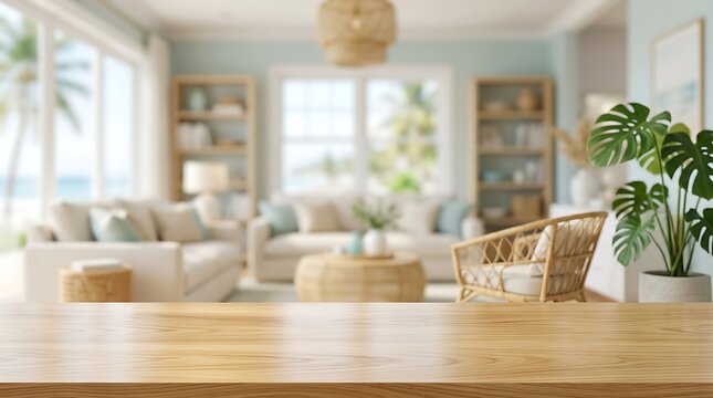 Empty wooden tabletop in blurred coastal living room interior with beach view for product placement background mockup