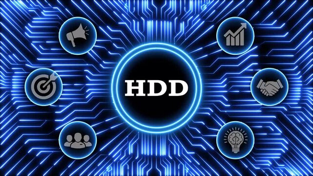 Hard disk drive technology motion graphics with blue circuit board background.