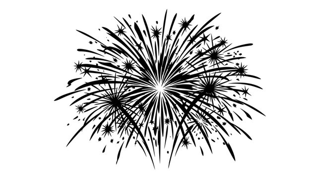 A detailed black and white illustration of an exploding firework display.
