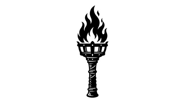 A detailed black and white illustration of a classic flaming torch.