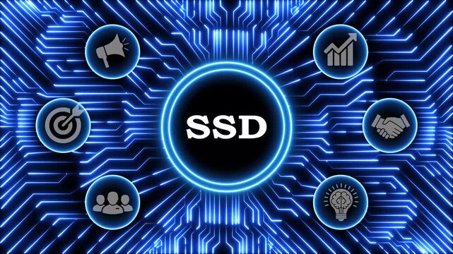 Ssd text animation with business icons on circuit board pattern background.