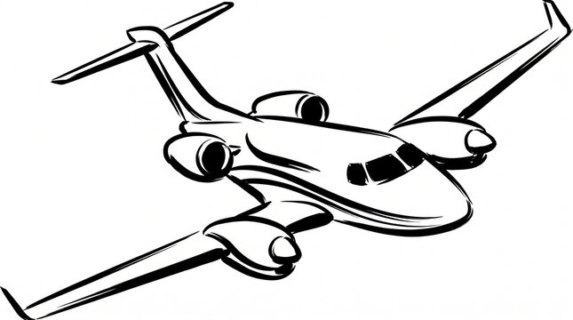 A black and white line art illustration featuring a stylized private corporate jet drawn with thick, artistic brush strokes, flying forward with prominent winglets and rear engines.