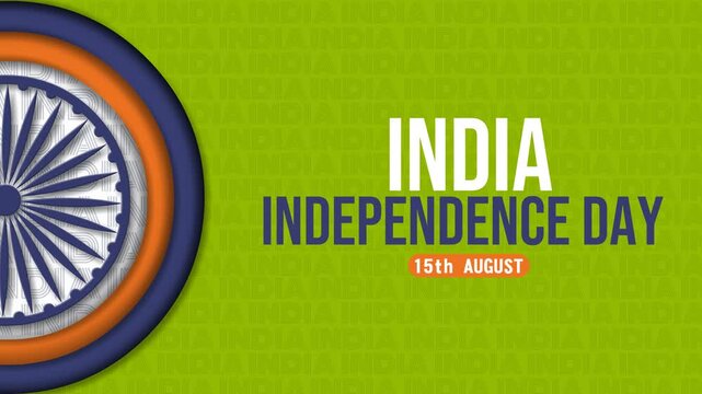 4K India Independence Day loop video in layered paper cut style, featuring a rotating semi-circular Ashoka Chakra wheel beside text typography over a green patterned backdrop for event screens.