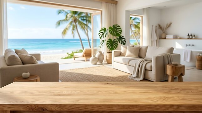 Empty Wooden Tabletop with Blurred Tropical Beach Villa Interior Background for Product Display and Summer Mockup Banner