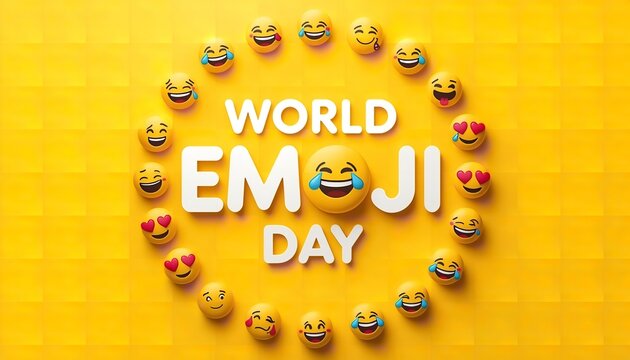 World Emoji Day Greeting Card Design with Circular Frame of Smileys on Vibrant Yellow Background