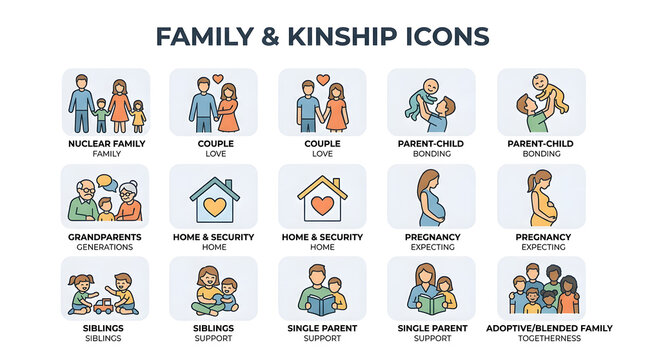Family and Kinship Icons: A comprehensive collection of flat design icons illustrating various family structures and relationships, including nuclear family, couple, parent-child bonding.