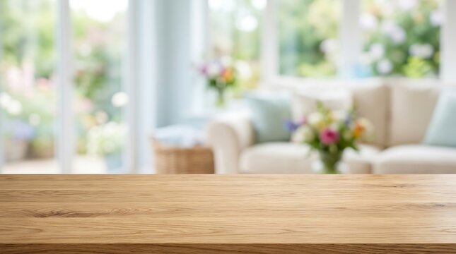 Empty wooden table top with blurred living room background for product display mockup and interior home advertising.