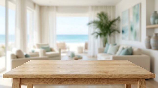 Wooden Table Surface Background for Product Display Mockup in Modern Coastal Living Room with Blurry Beach Ocean View