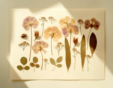 Pressed dried flowers and leaves botanical flatlay collection on cream paper