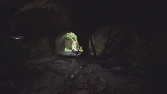 Dim crypt passage opens to glowing arch, rubblestrewn floor and exposed brick, creeping vines crawling over masonry, solitude and heritage textures evoking