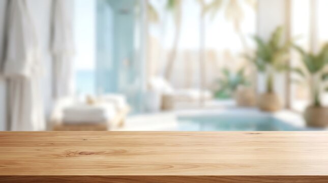Empty wooden table top mockup with blurred luxury tropical resort spa pool background for product display placement.