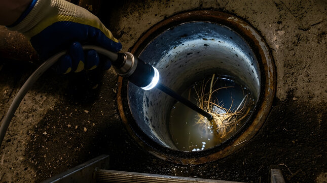 Plumber Lowering Inspection Camera into Clogged Sewer Pipe | Drainage Diagnostic Camera Revealing Root Intrusion in Pipe | Close Up of Sewer Line Inspection Tool with Bright LED Light 