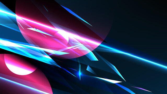 Sci-fi background fractal gradient shape. Abstract space wave energy. Flake of mirror. Dynamic glowing blue light streaks and translucent pink circular shapes