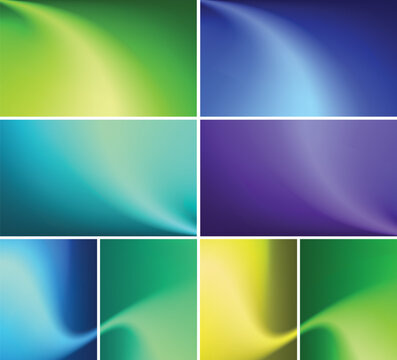 A versatile collection of abstract gradient backgrounds featuring soft, smooth color transitions and fluid wavy light effects. Includes rich color palettes like vibrant green, deep blue, royal purple,