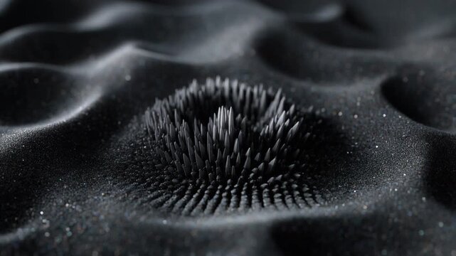 Fine black magnetic sand forms evolving geometric patterns under invisible magnetic field with subtle metallic shimmer, creating refined scientific abstract background with minimalist elegance.