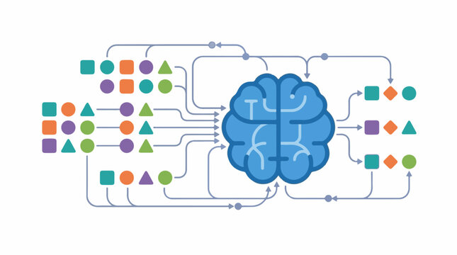 Abstract brain processes diverse inputs outputs varied shapes and colors