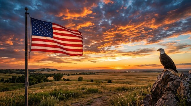 American flag and bald eagle beneath dramatic sunset sky