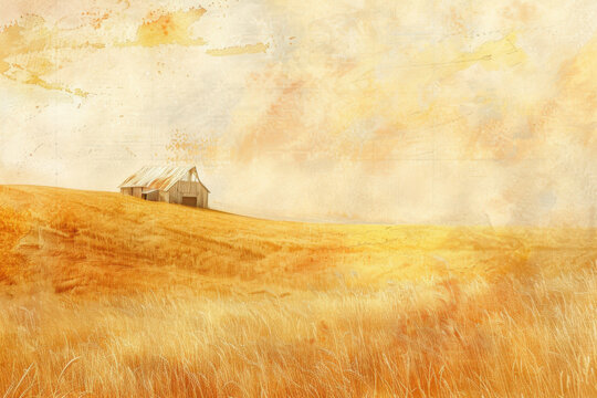 Soft Watercolor Landscape of Golden Hayfields and Distant Barns