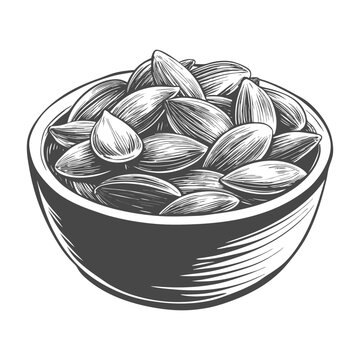 Bowl of fresh sunflower seeds in vintage engraving style