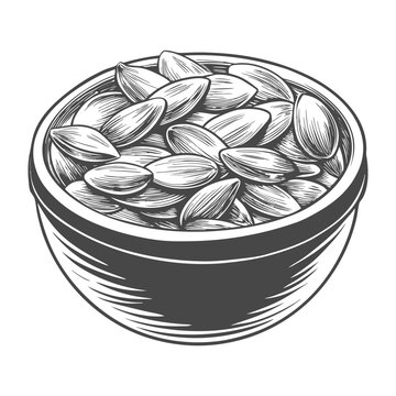 Bowl of fresh sunflower seeds in vintage engraving style