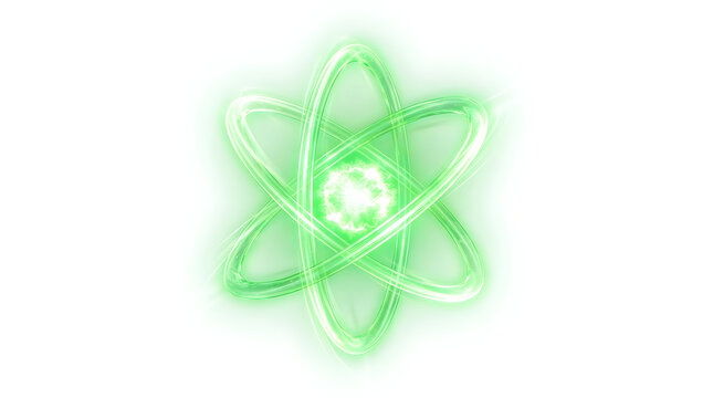 Glowing Atom Symbol: A vibrant green atom model, representing scientific discovery and atomic energy, radiates with ethereal light.