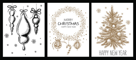 Set of christmas greeting cards with hand drawn ornaments, wreath and fir tree vintage style vector illustration © Flux Shift