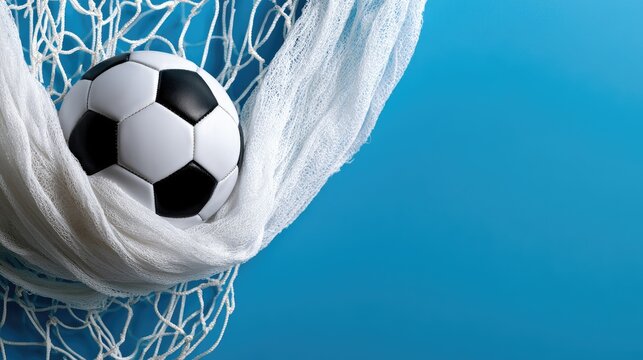 A classic black and white ball caught in a white net against blue