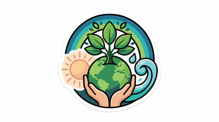 Obraz premium Hands nurturing Earth with sun water and rainbow