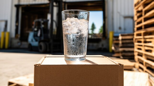 Tall glass of iced water sits atop a cardboard box in an industrial loading dock