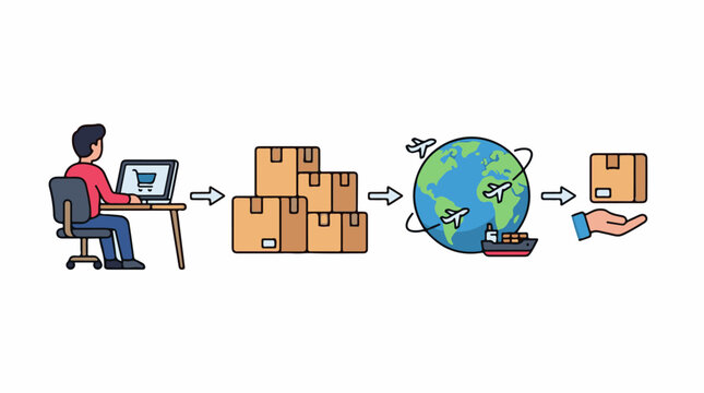 Online ordering and global delivery process with boxes earth ship and plane