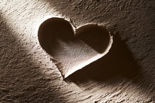 A heart-shaped indentation in textured earth, illuminated by a soft light