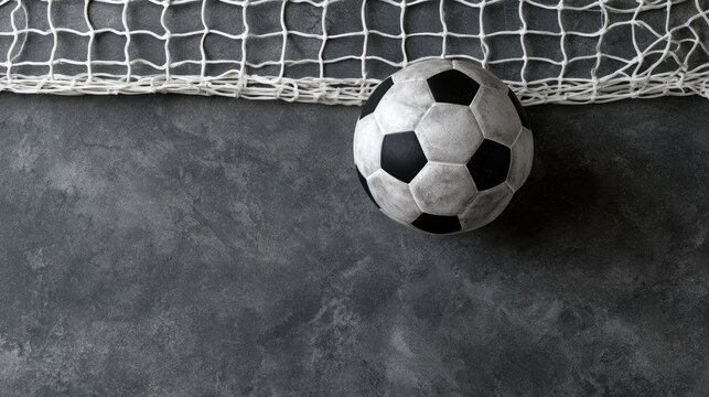 A classic soccer ball rests against a net on a textured gray surface