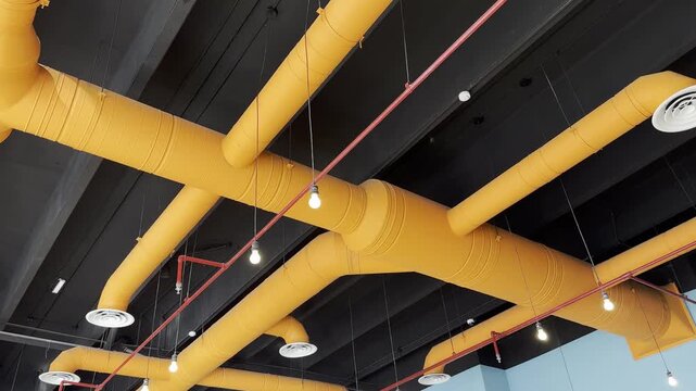 Modern industrial ceiling design with yellow HVAC ventilation ducts