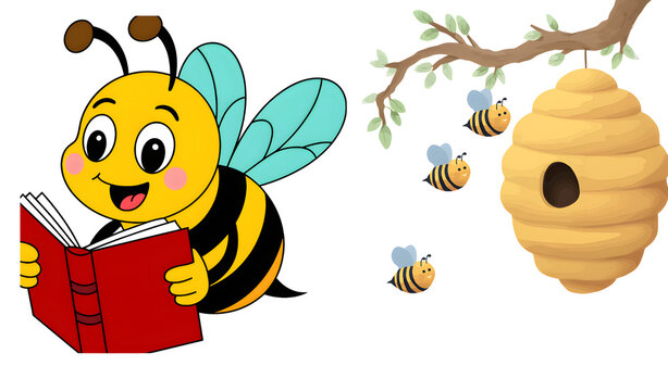 cute bee reading book near a behive
