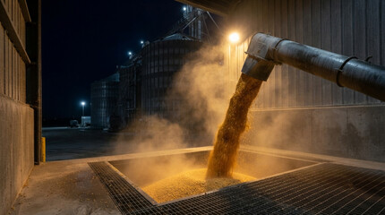 A grain silo is being loaded at night with a conveyor belt and lighting in a side view. The industrial nighttime scene is productive and set in an agriculture industry environment. © ikura
