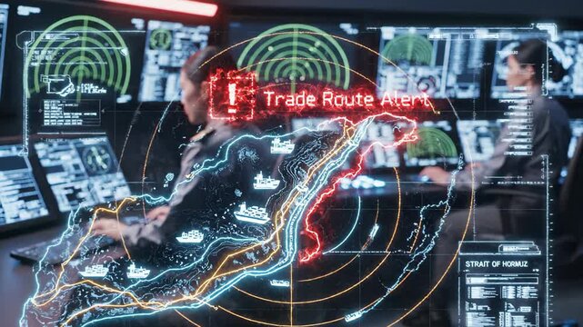 Tactical Hologram of Strait of Hormuz Shipping Blockade Map, Geopolitical Conflict and Maritime Trade Route Disruption, Persian Gulf Logistics Choke Point Military Strategy Graphic