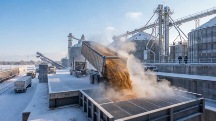 A dump truck unloads grain into silos in a bustling industrial agricultural facility, captured from an above wide-angle perspective, highlighting metallic silos, concrete ground, and two. © ikura