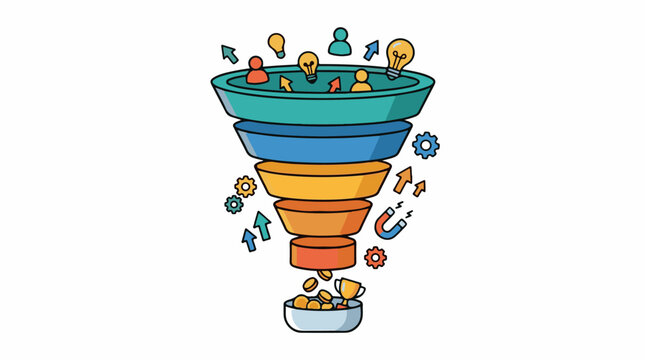Colorful marketing funnel illustration with people ideas gears and coins