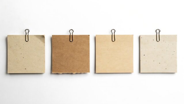 Four blank paper notes with paper clips on white background  office supplies  stationery items