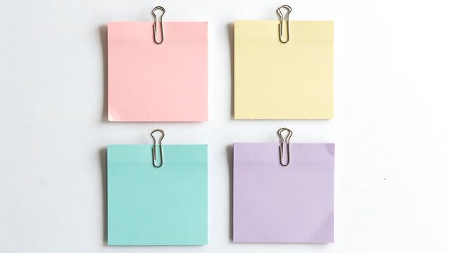 Four colorful sticky notes with paper clips on white surface  office supplies and stationery items